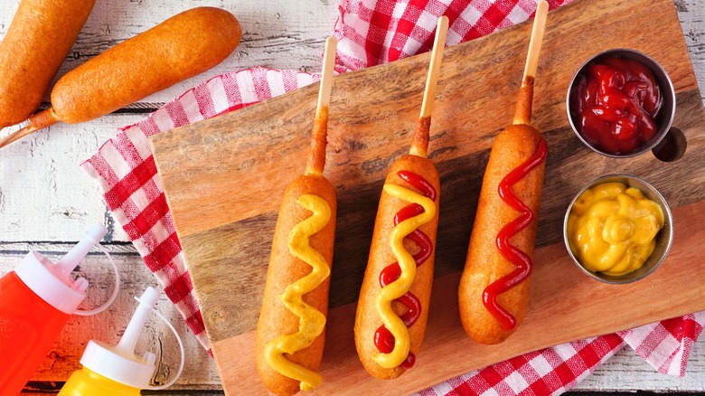 corn dogs with sauces
