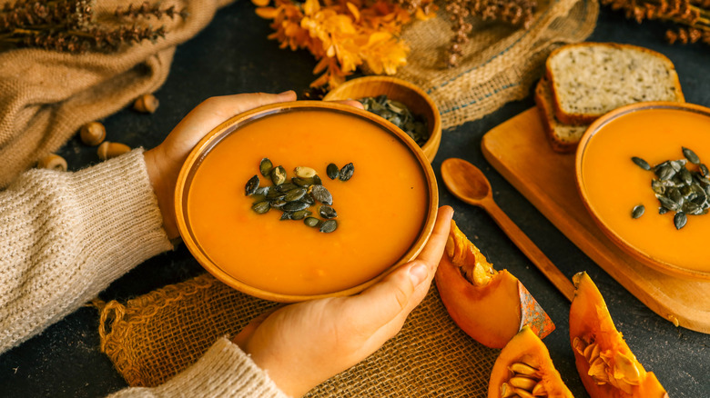 Hands holding bowl of pumpkin soup topped with roasted pumpkin seeds