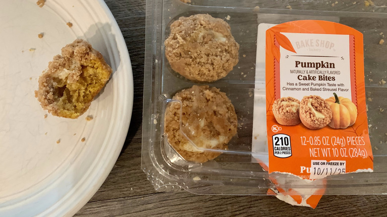 Aldi Pumpkin Cream Cheese Cake Bites and package on plate