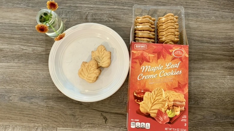 Aldi Maple Leaf Creme Cookies on a plate