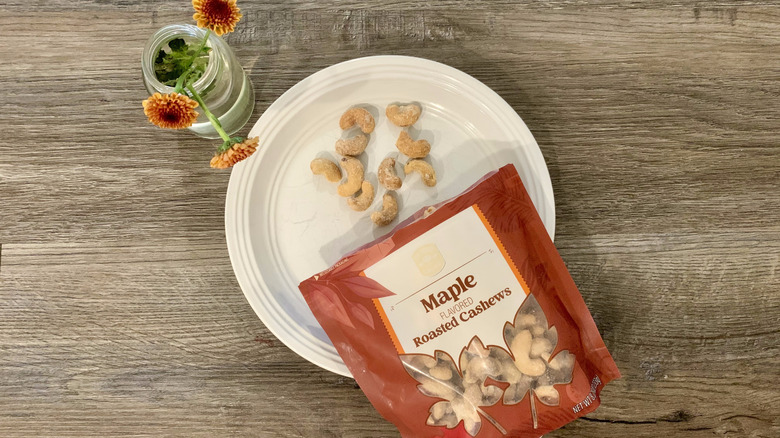 aldi roasted maple cashews on table