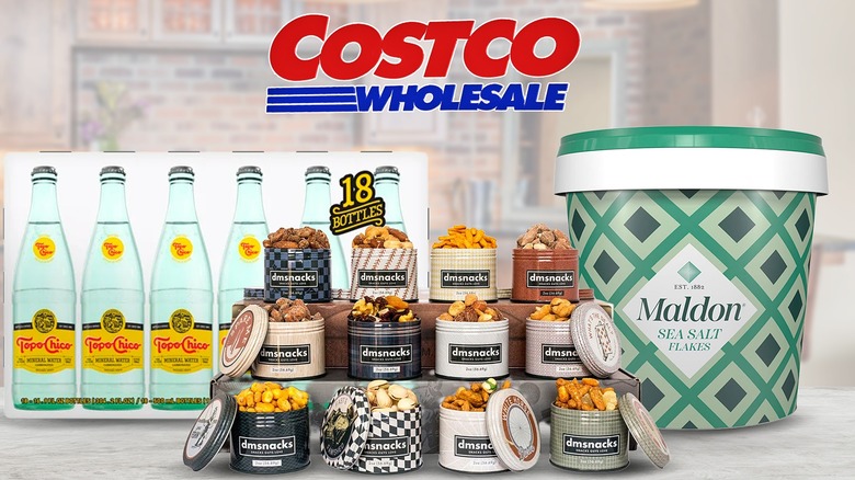 Topo Chico, DM snacks, and Maldon salt; items available at Costco.