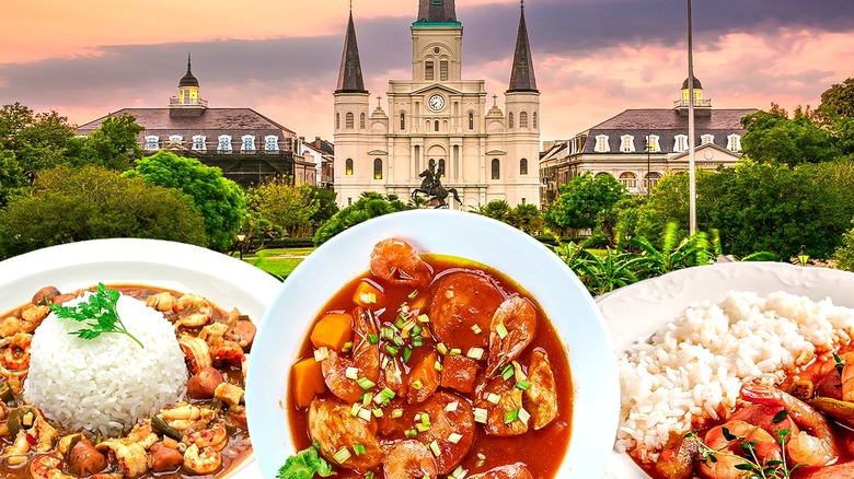 three gumbo bowls cathedral background