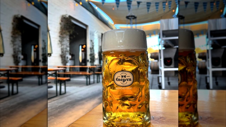 a stein of beer sitting on a table at an Oktoberfest event for Enegren Brewing