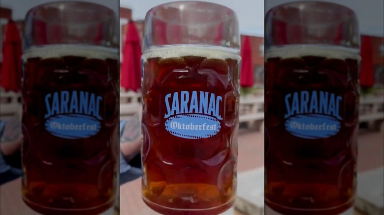 close up of a beer stein with the Saranac Oktoberfest logo