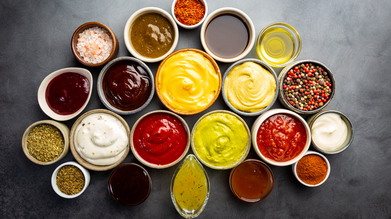 Condiments and sauces in bowls