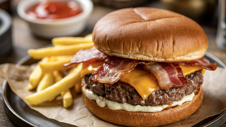 Bacon cheeseburger with fries