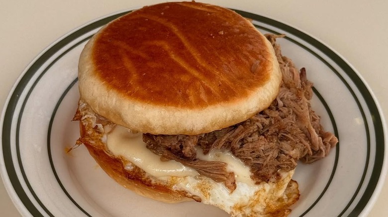 Pulled pork, provolone, and egg sandwich