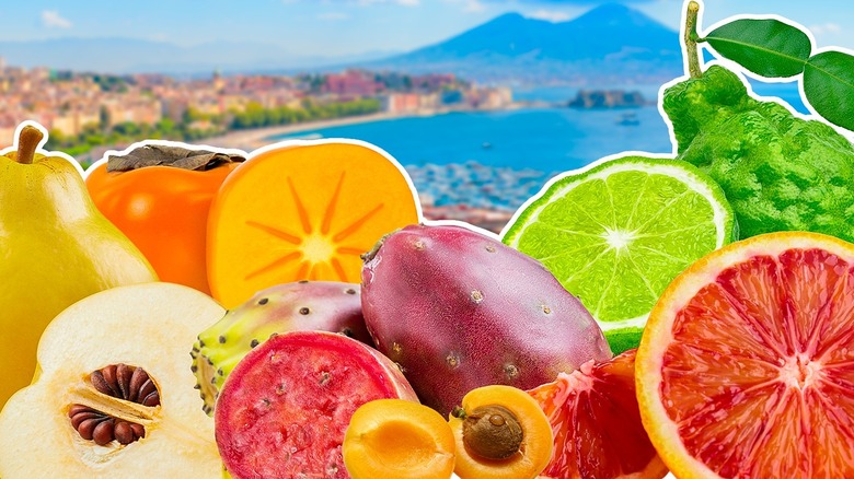 fruit illustration over Italian landscape