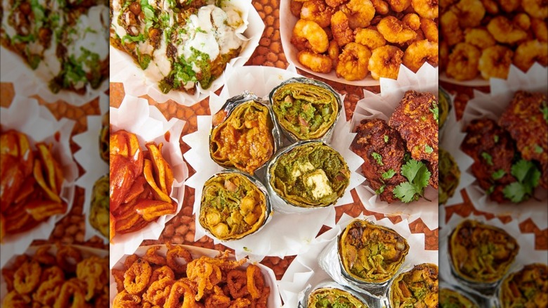 large spread of roti and other food from Roti Roll