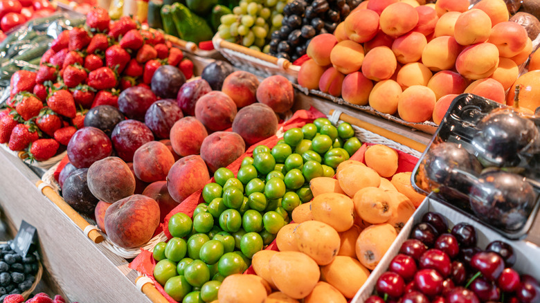 Farmers market stand with produce