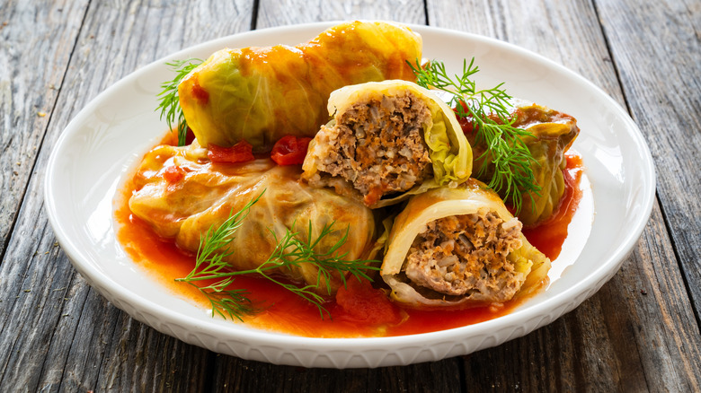 Gołąbki in a white dish on a table