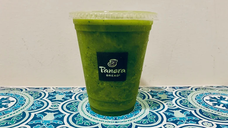 View of Panera Green Passion Smoothie in a plastic cup