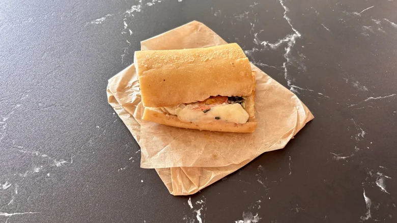 Panera Toasted Garden Caprese sandwich on paper