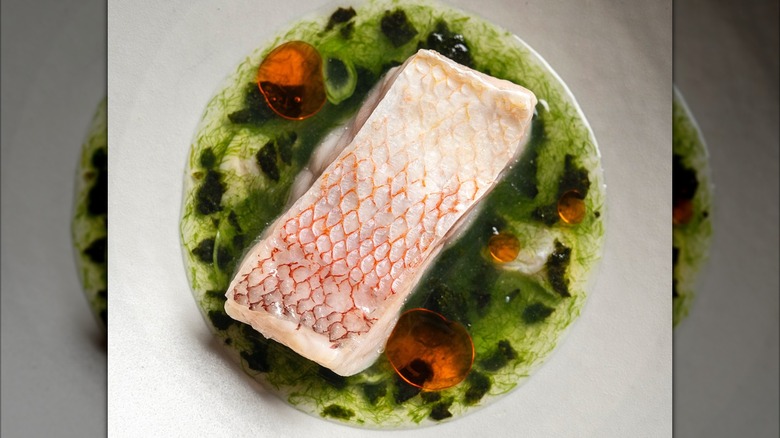 aerial view of a seafood dish from Atomix