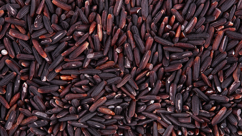 A pile of dark brown wild rice grains filling the frame