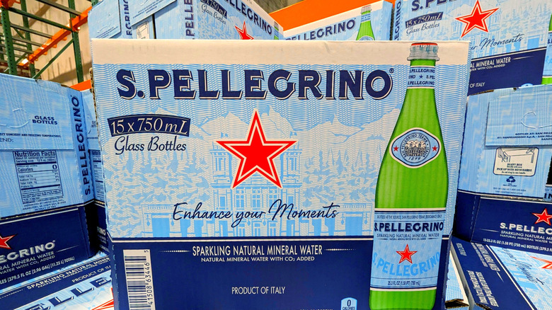 A box of S. Pellegrino Sparkling water bottles.