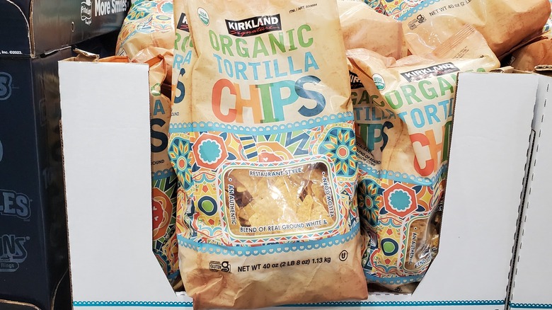 A bag of Kirkland Signature organic tortilla chips at Costco
