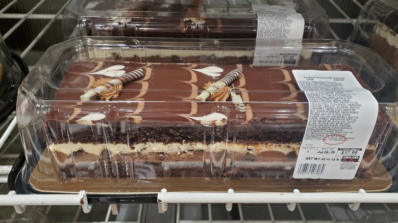 A package of Kirkland Signature tuxedo chocolate mousse cake