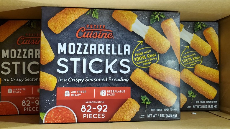 A Petite Cuisine mozzarella sticks box in the freezer at Costco