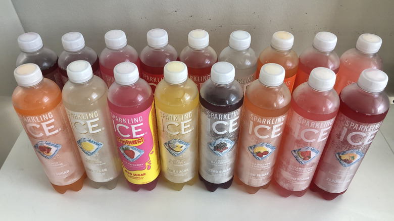 17 different bottles of Sparkling Ice all lined up.