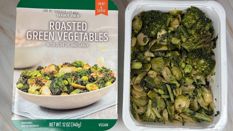 Trader Joe's Roasted Green Vegetables next to packaging on marbled surface