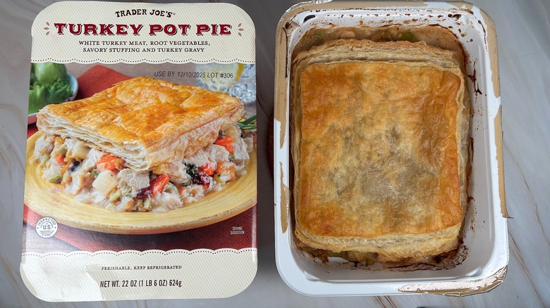 Trader Joe's Turkey Pot Pie next to packaging on marbled surface