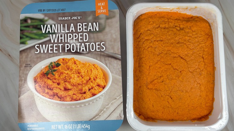 Trader Joe's Vanilla Bean Whipped Sweet Potatoes next to packaging on marbled surface