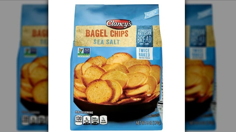 Clancy's sea salt bagel chips bag on a white background