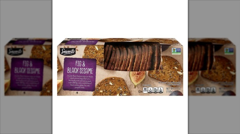 Savoritz fig and black sesame artisan crisps package on a white background