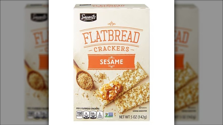 Savoritz sesame flatbread crackers box on a white background