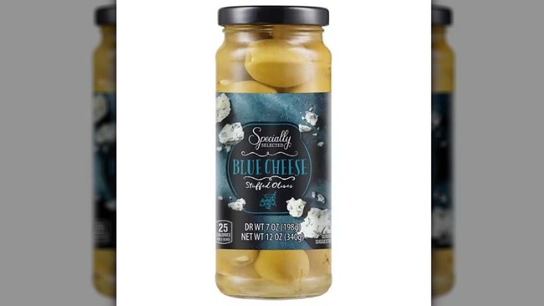 Specially Selected blue cheese-stuffed olives jar on a white background