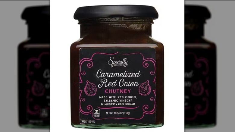 Specially Selected caramelized red onion chutney jar on a white background