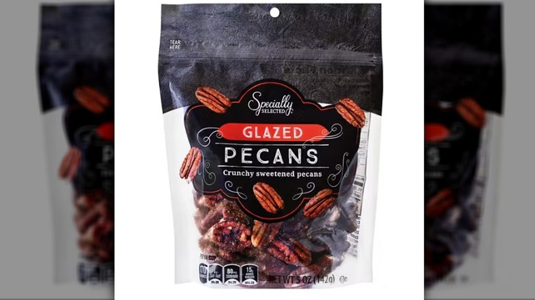 Specially Selected glazed crunchy sweetened pecans bag on a white background
