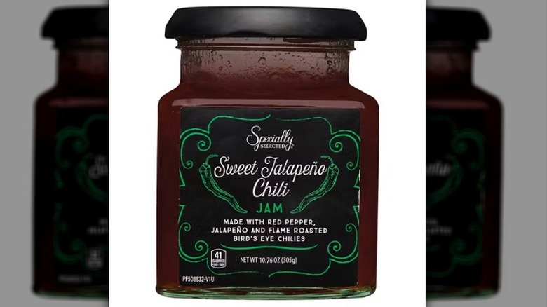 Specially Selected sweet jalapeño chili jam jar on a white background