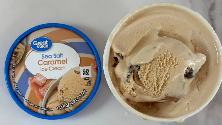 Top view of a pint of Great Value sea salt caramel ice cream