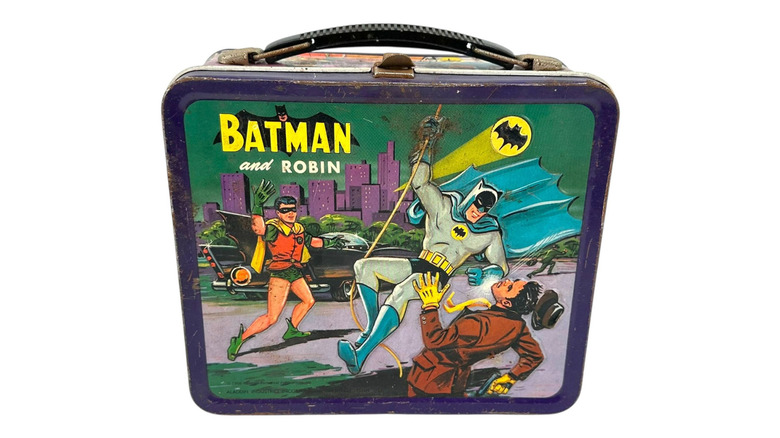 Product shot of a Batman and Robin 1966 lunchbox
