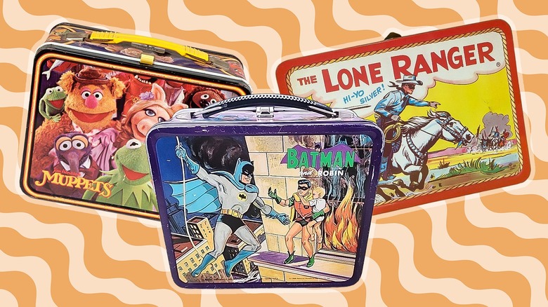 Composite image of vintage lunchboxes against a yellow background with squiggly lines