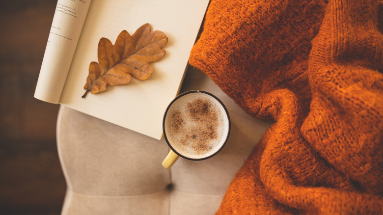 A cup of coffee, crumpled sweater, and an open book with a leaf on the page