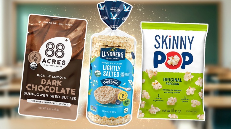 Sunflower seed butter, rice cakes, and popcorn on classroom background