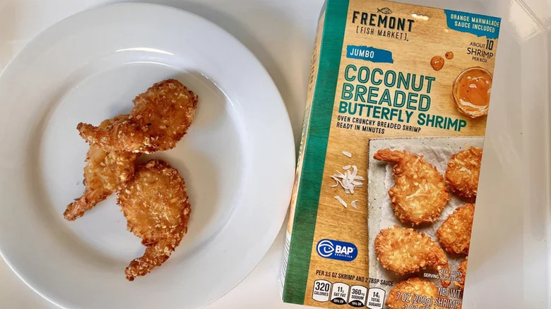 Jumbo coconut breaded butterfly shrimp on a plate