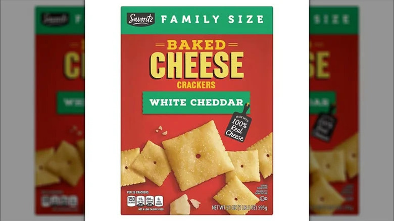 Savoritz baked white cheddar crackers with white background