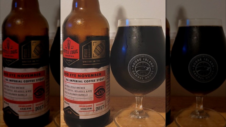 Bottle of Red Eye November next to a full glass
