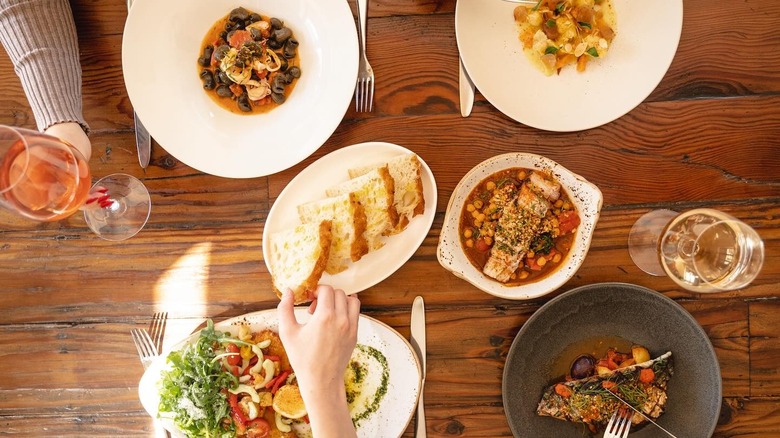 overhead shot of multiple Italian food dishes