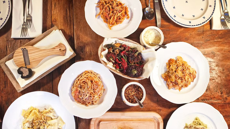overhead view of Italian dishes