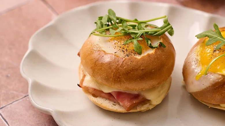 Brunch-Worthy Croque Madame Bagel Sliders on white plate