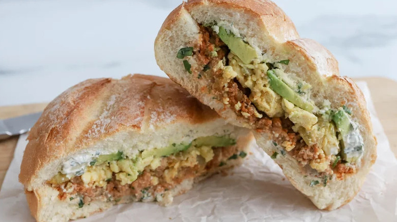 Chorizo, Egg, and Cheese Breakfast Torta on parchment paper