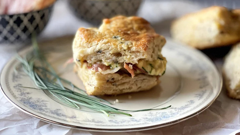 "Indulgent" Truffle Biscuit Breakfast Sandwich on decorative plate