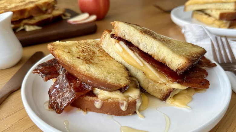 Sweet and Spicy French Toast Breakfast Sandwich on white plate
