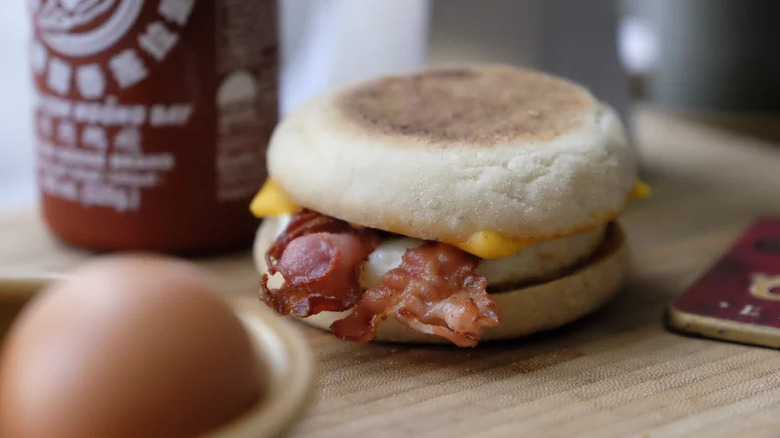 Ultimate Egg Sandwich on wooden cutting board
